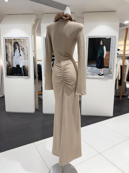 rachel Contour Long Sleeve Ruffle Knit Maxi Dress in pale brown
