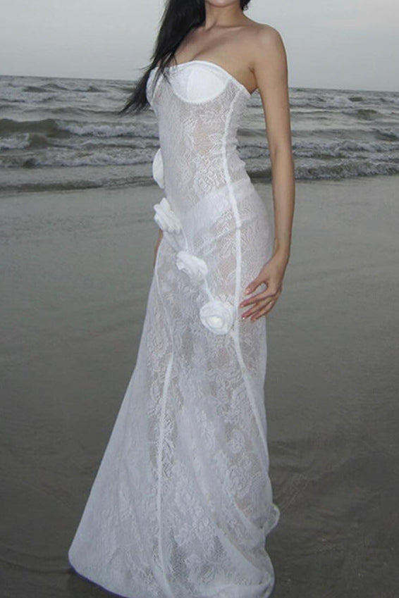 Sheer Lace Strapless Dress with Three-Dimensional Floral Fishtail Skirt - White Avalabel
