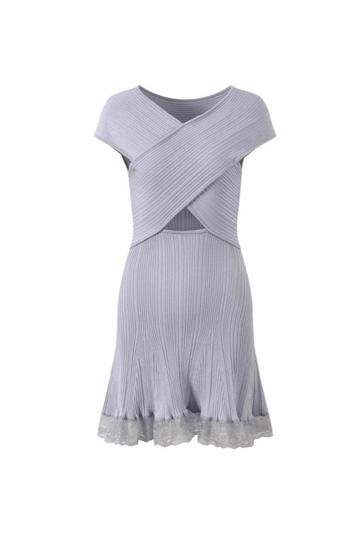 Blue Knit Lace cutout Mini Dress Avalabel