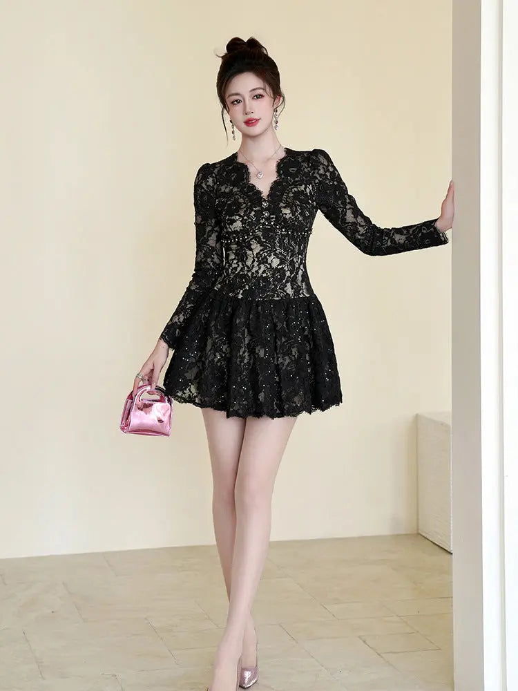 Sabrina Black Lace Hollow Long Sleeve A-Line Mini Dress Avalabel