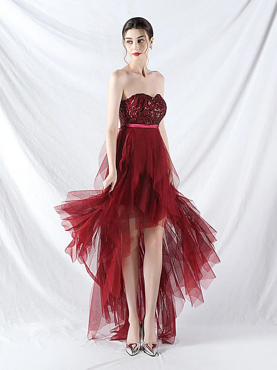 strapless sequin tulle midi dress Avalabel