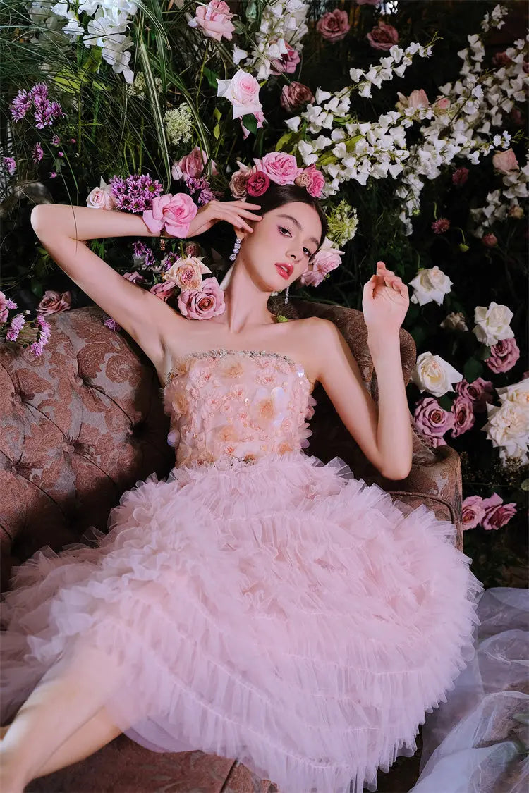 Pink Princess layer ruffle midi floral Embroidery strapless Dress Avalabel