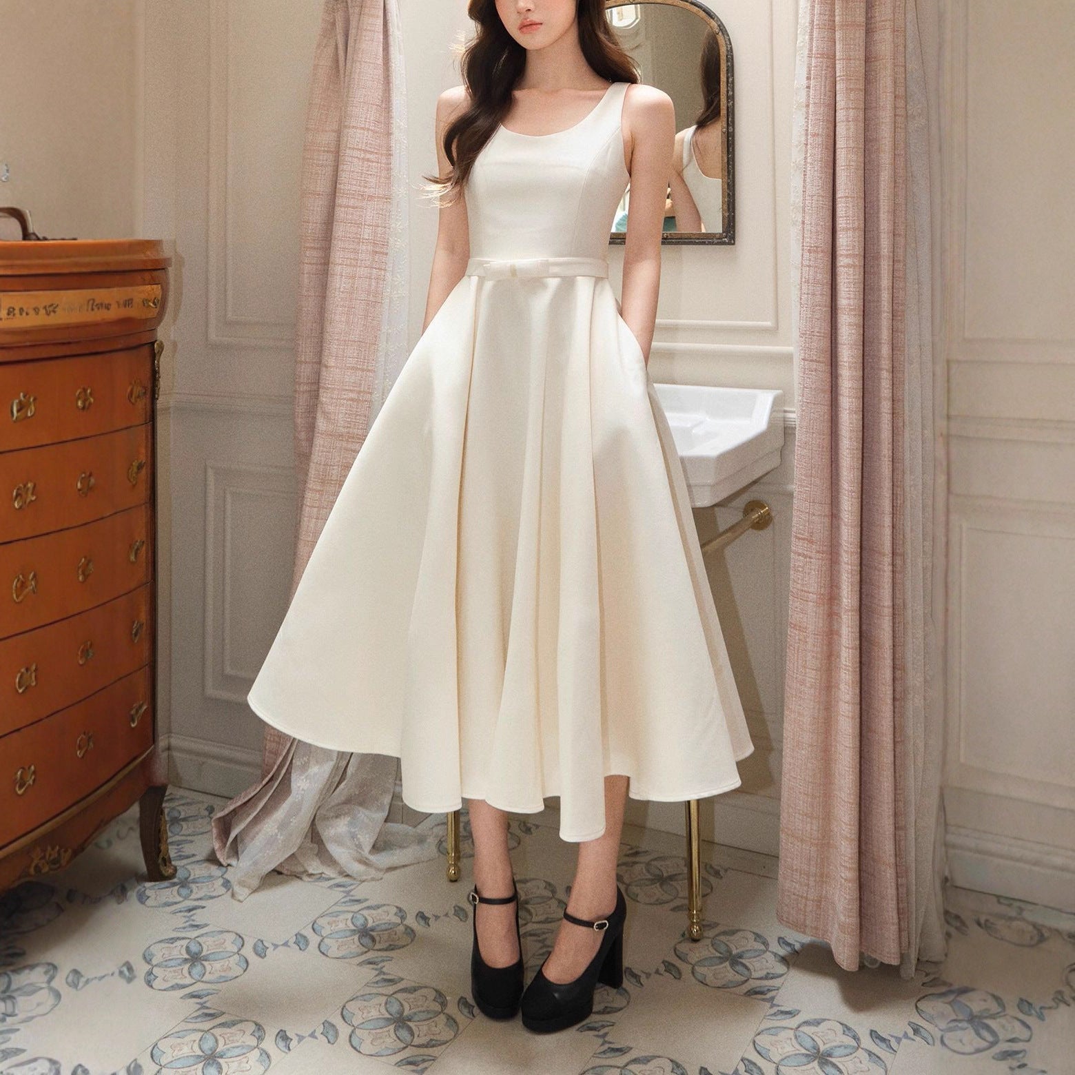 Bow U-Neck Sleeveless Hepburn Midi Dress Avalabel