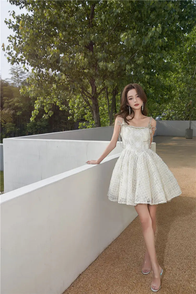 beige Square Collar Sleeveless lace cocktail Dress Avalabel