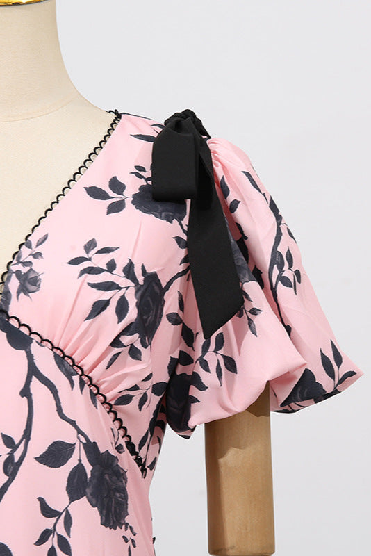 V-Neck Satin Floral Midi Dress in Pink Avalabel