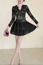 Sabrina Black Lace Hollow Long Sleeve A-Line Mini Dress Avalabel