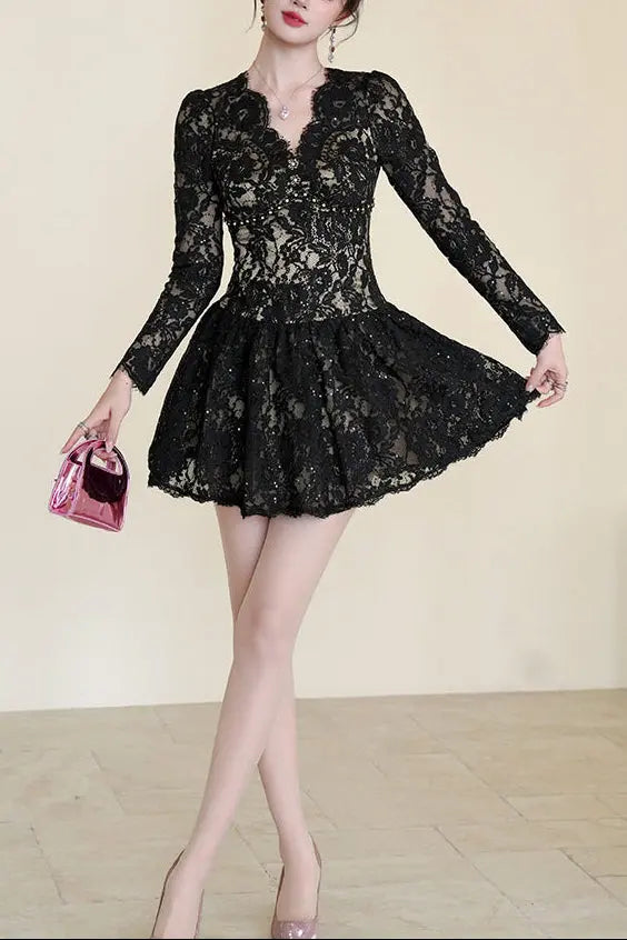 Sabrina Black Lace Hollow Long Sleeve A-Line Mini Dress Avalabel