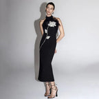 beatrice flower rhinestone feather halter Midi Dress in Black Avalabel