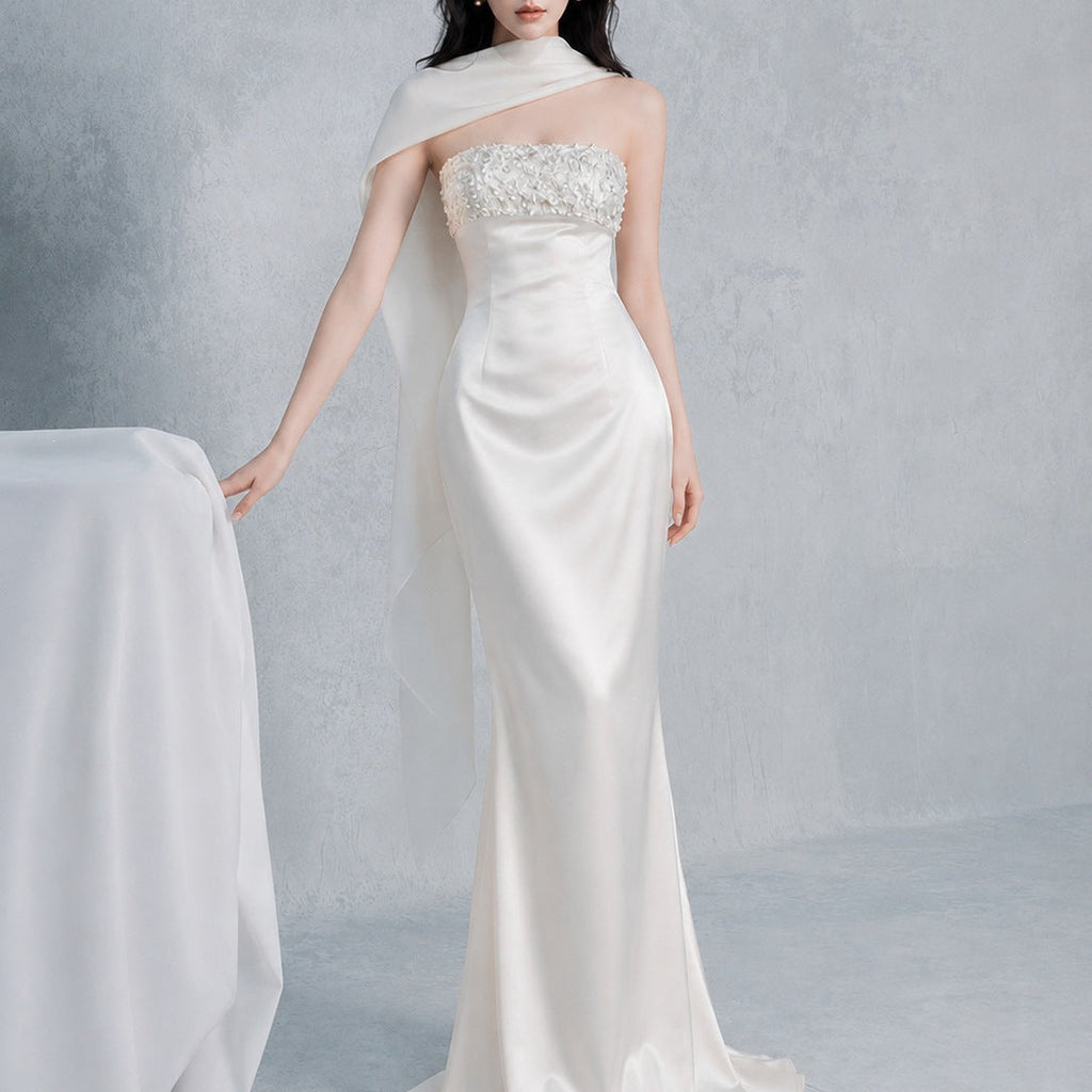 Sylvia Rhinestone Embellish Strapless Satin Maxi Dress  - White Avalabel