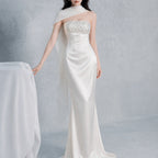 Sylvia Rhinestone Embellish Strapless Satin Maxi Dress  - White Avalabel
