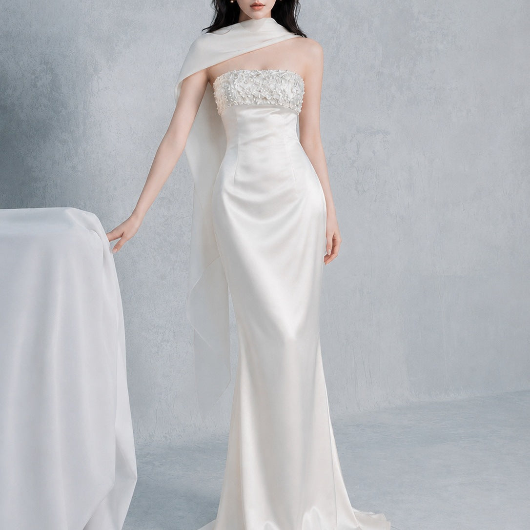 Sylvia Rhinestone Embellish Strapless Satin Maxi Dress  - White Avalabel