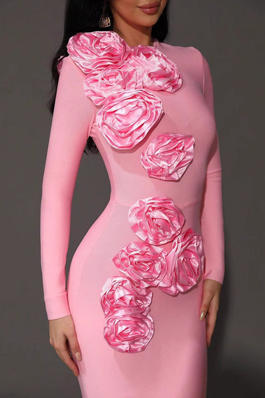 sally 3D Flower Decorative Bandage maxi Dress in pink Avalabel