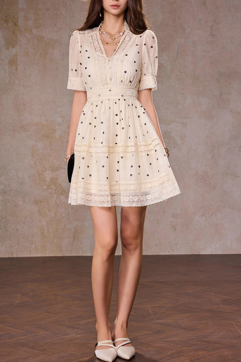 Polka Dot V-Neck A-Line Mini Dress in Apricot Avalabel
