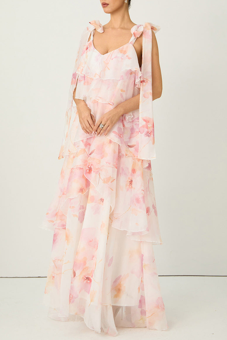 Beverly V-Neck Spaghetti Strap Chiffon Maxi Dress - Pink Avalabel