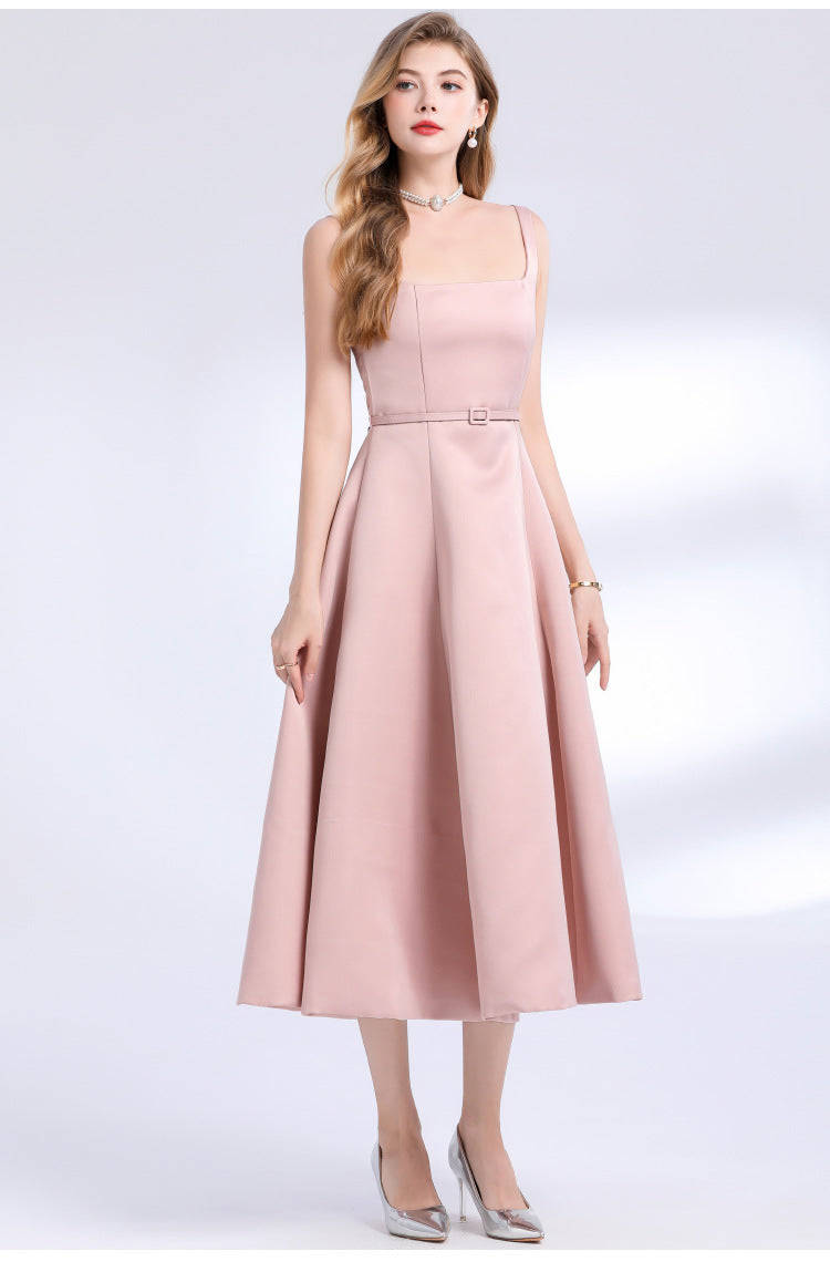 Amelia Square Neck Satin Slip Midi Dress - Pink Avalabel