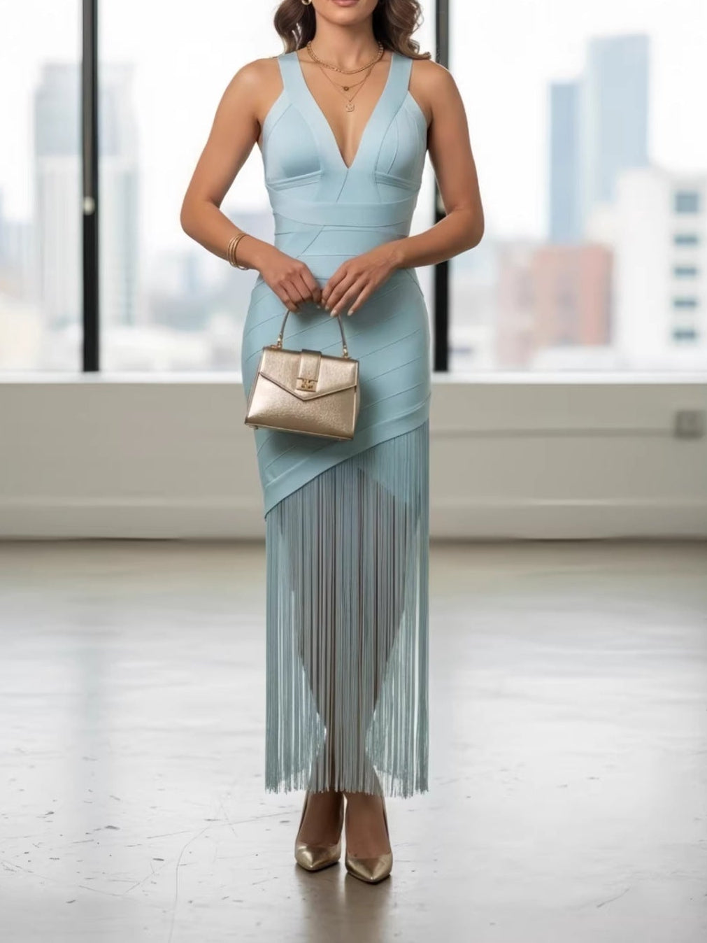 Light Blue Bandage Fringe Midi Dress Avalabel