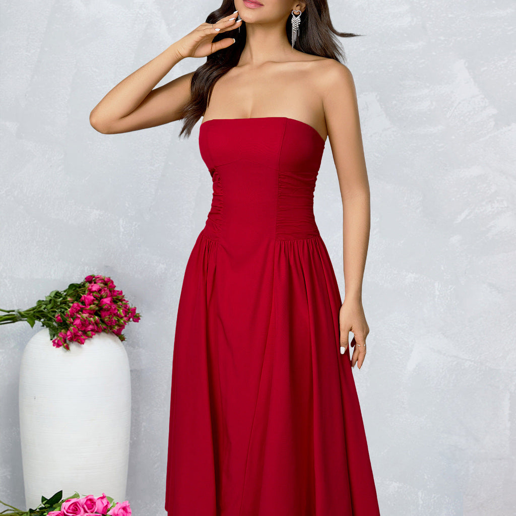 Strapless Side Ruched Flared Midi Dress poava
