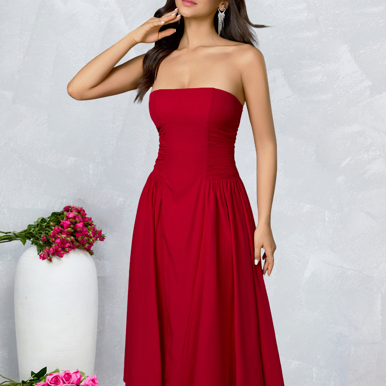 Strapless Side Ruched Flared Midi Dress poava