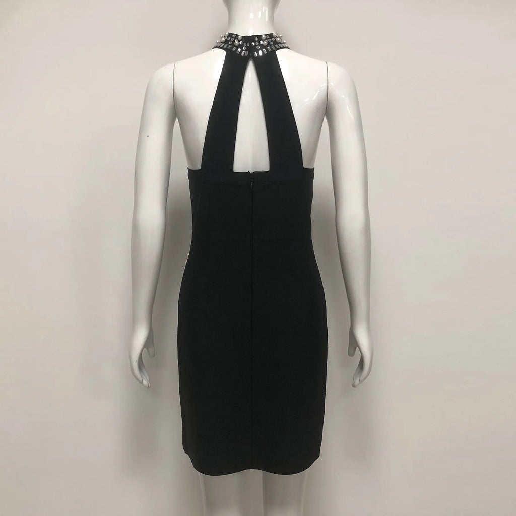 nelly pearl rhinestone halter mini dress in black Avalabel