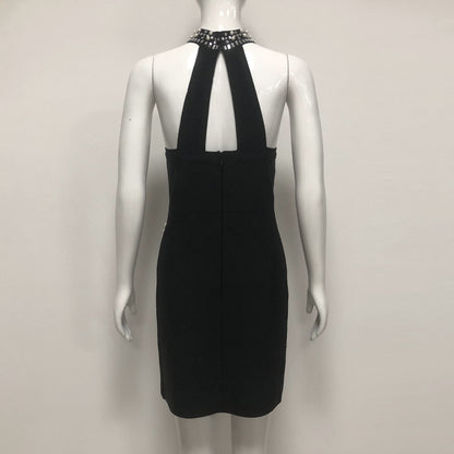 nelly pearl rhinestone halter mini dress in black
