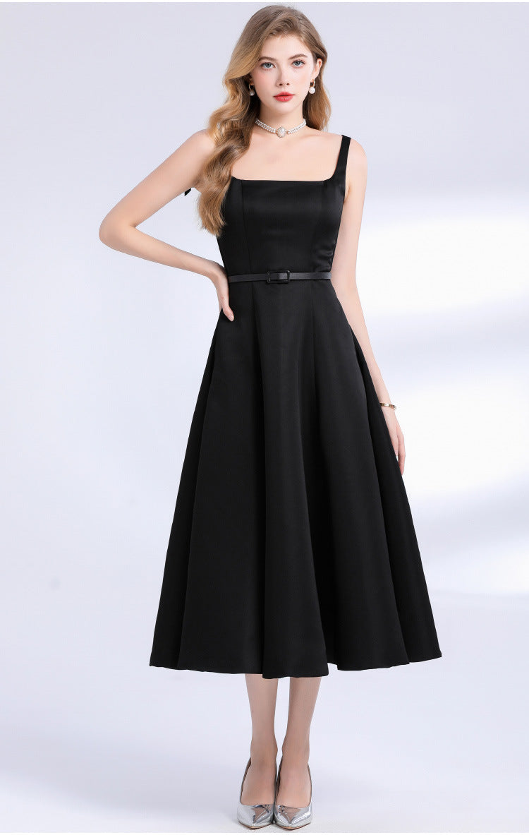 Amelia Square Neck Satin Slip Midi Dress - Black Avalabel