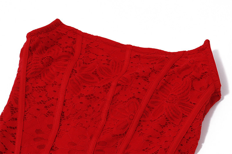 red Strapless Bandage Backless Floral Lace Corset Tube mini Dress Avalabel
