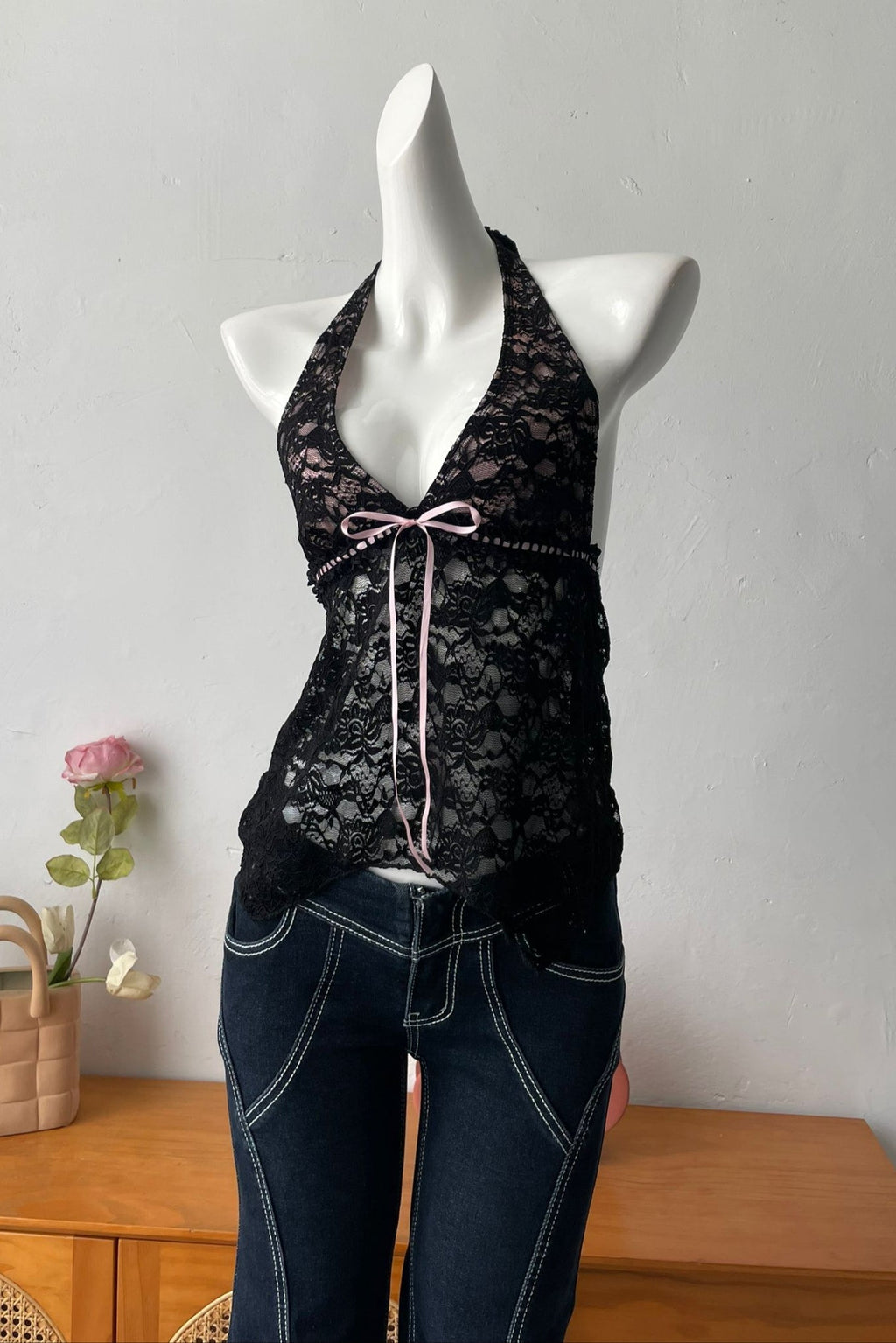 Backless Sheer Lace Halter Top in Black Avalabel