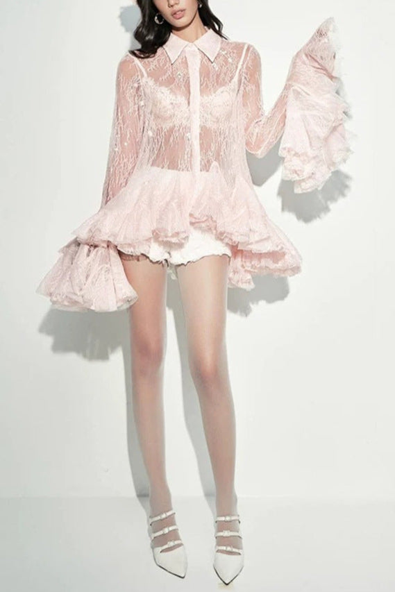 Pink Mesh Lace Ruffled Trumpet Sleeve Shirt Dress Shorts Set Soraya