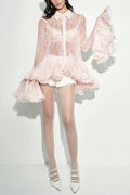 Pink Mesh Lace Ruffled Trumpet Sleeve Shirt Dress Shorts Set Soraya