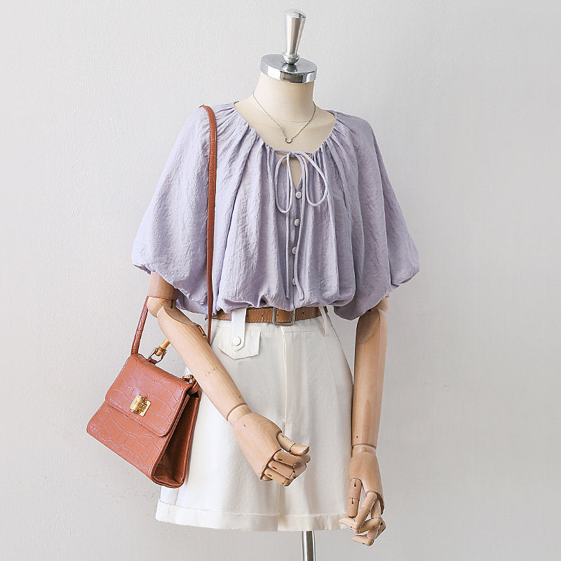 Gathered Drawstring Neck Dolman Batwing Short Sleeve Blouse poava