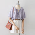 Gathered Drawstring Neck Dolman Batwing Short Sleeve Blouse poava