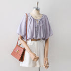 Gathered Drawstring Neck Dolman Batwing Short Sleeve Blouse poava