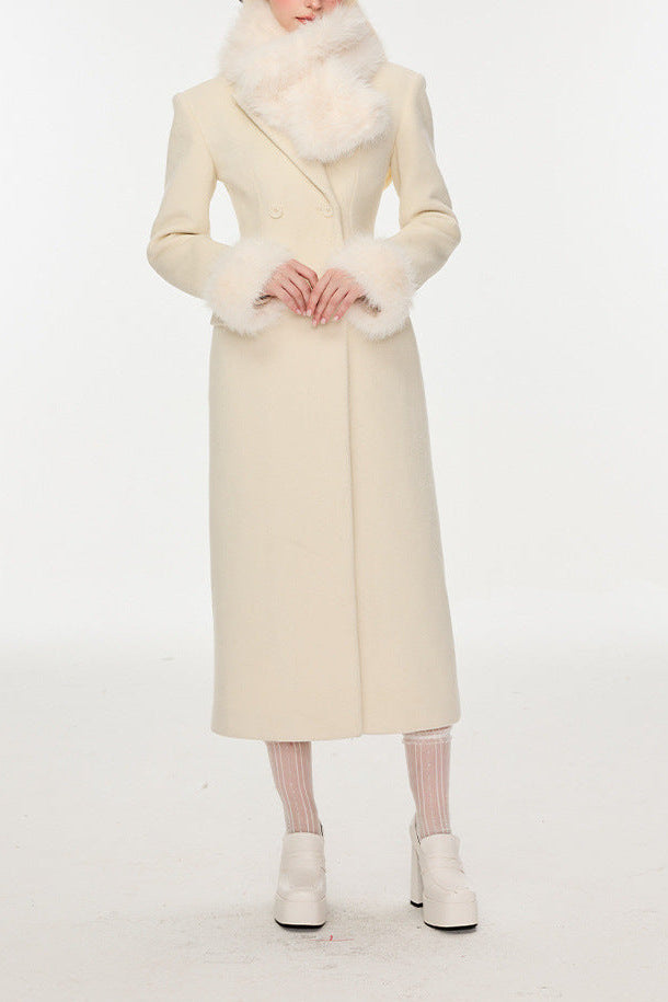 Ivory Slim faux fur mid-length woolen coat Avalabel