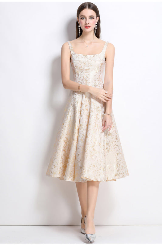 Vanessa A-line Jacquard Midi Dress - Apricot Avalabel