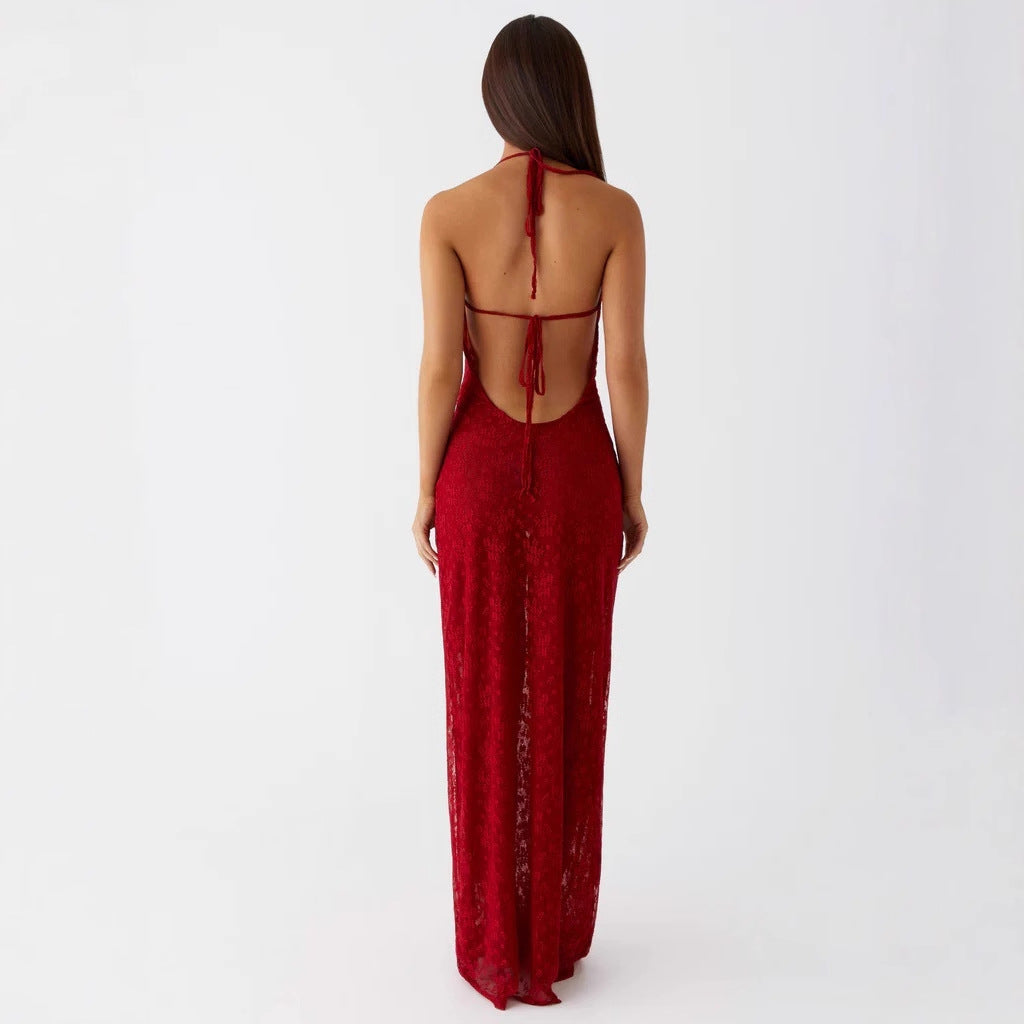 Lace-up Long Dress with Open Back and Spaghetti Straps - Red Avalabel