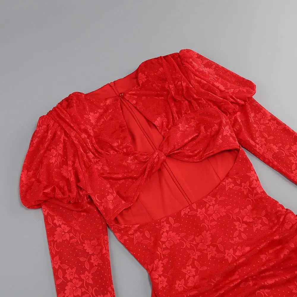 Dariel Floral Jacquard Cutout Draped Mini Dress - Red Avalabel