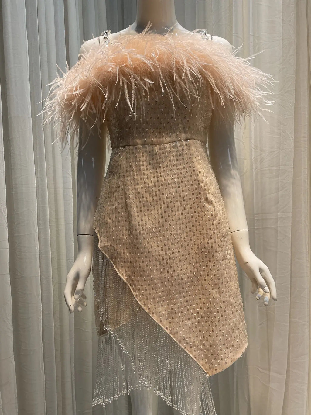 priscilla sequin feather crystal-strap mini dress in pink Avalabel