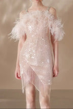 priscilla sequin feather crystal-strap mini dress in pink Avalabel