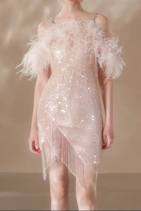 priscilla sequin feather crystal-strap mini dress in pink Avalabel