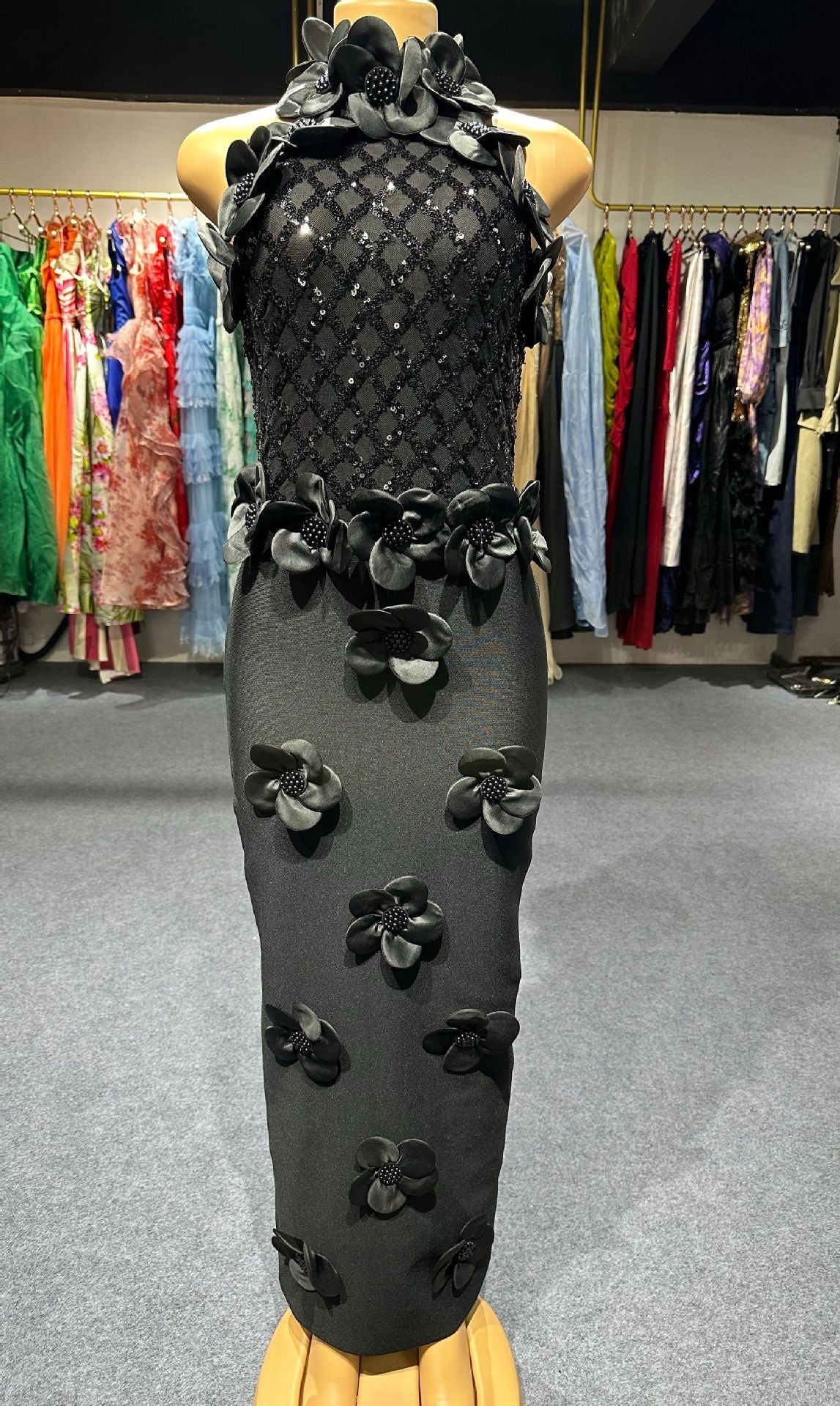 Phoenix 3D Flower Sequin Halter Bandage Maxi Dress in Black