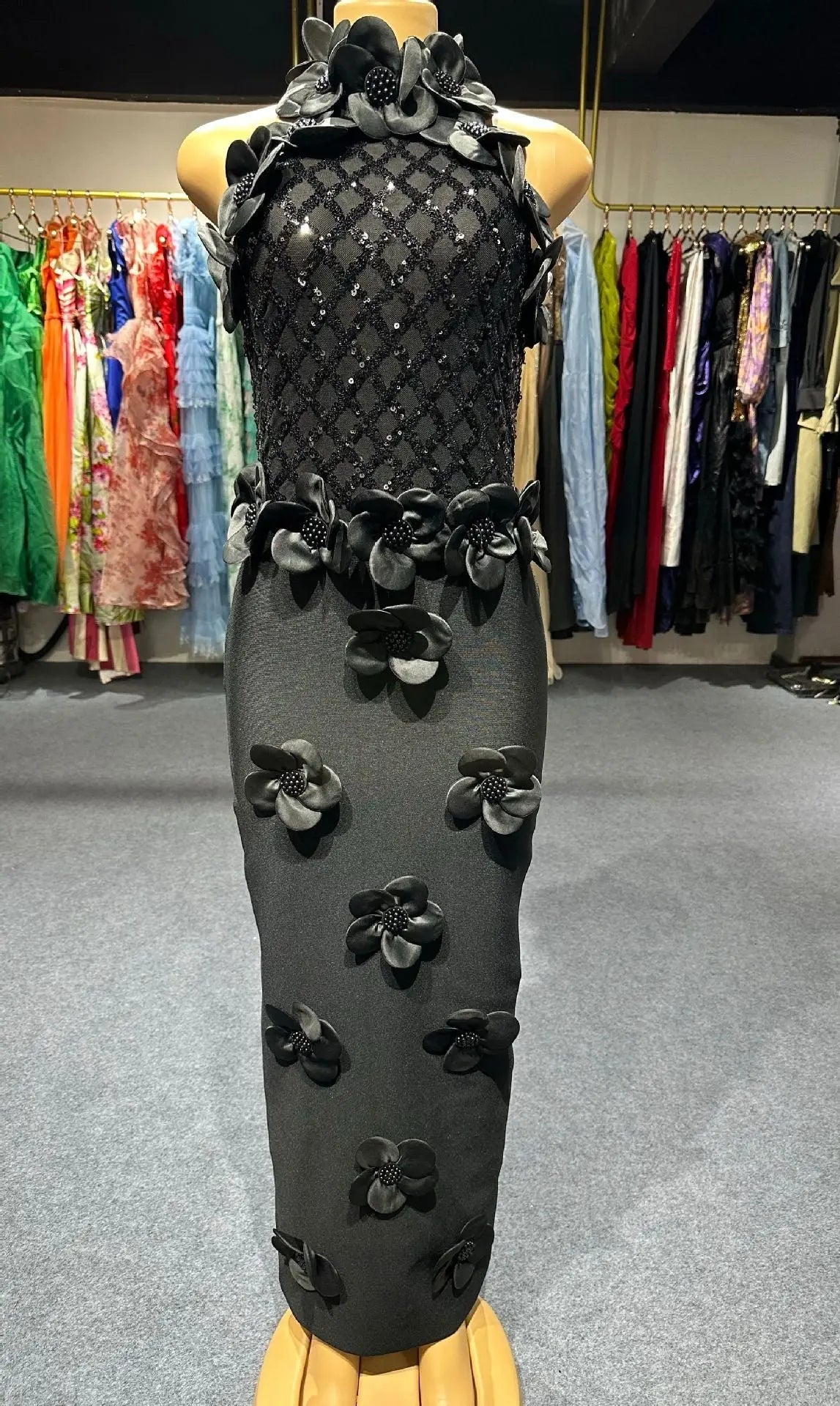 Phoenix 3D Flower Sequin Halter Bandage Maxi Dress in Black Avalabel