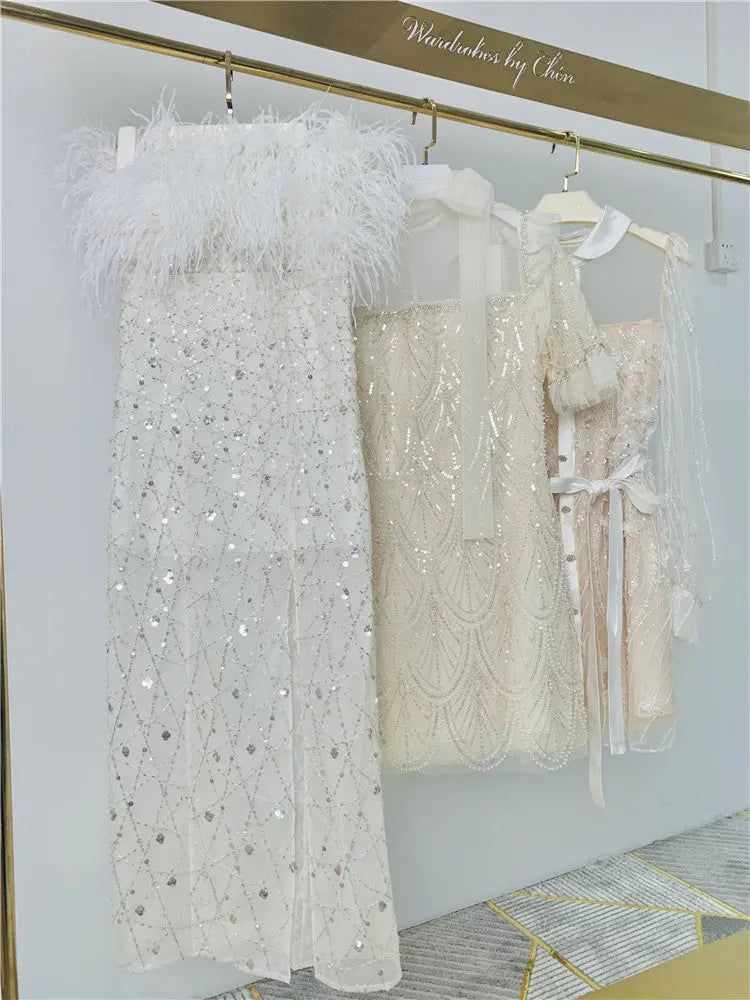 Masa White Haute Couture Feather Sequin Dress Avalabel