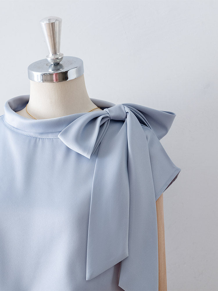 Asymmetrical Side Big Bow Stand Collar Cap Sleeve Satin Blouse poava