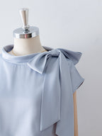 Asymmetrical Side Big Bow Stand Collar Cap Sleeve Satin Blouse poava
