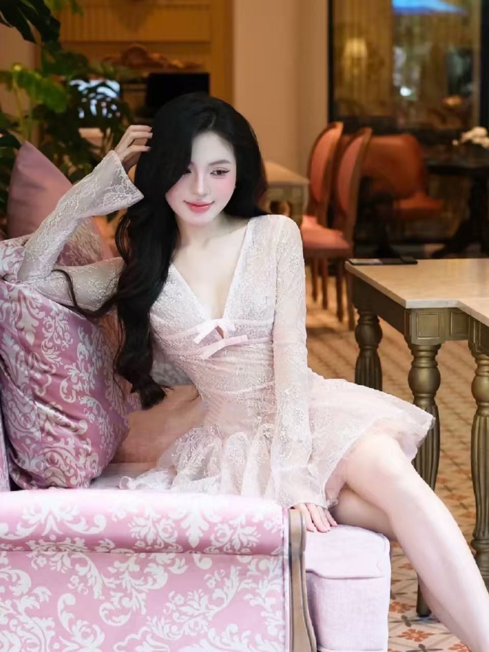 Eileen Long-Sleeve V-Neck Lace A-Line Mini Dress in Pink Avalabel