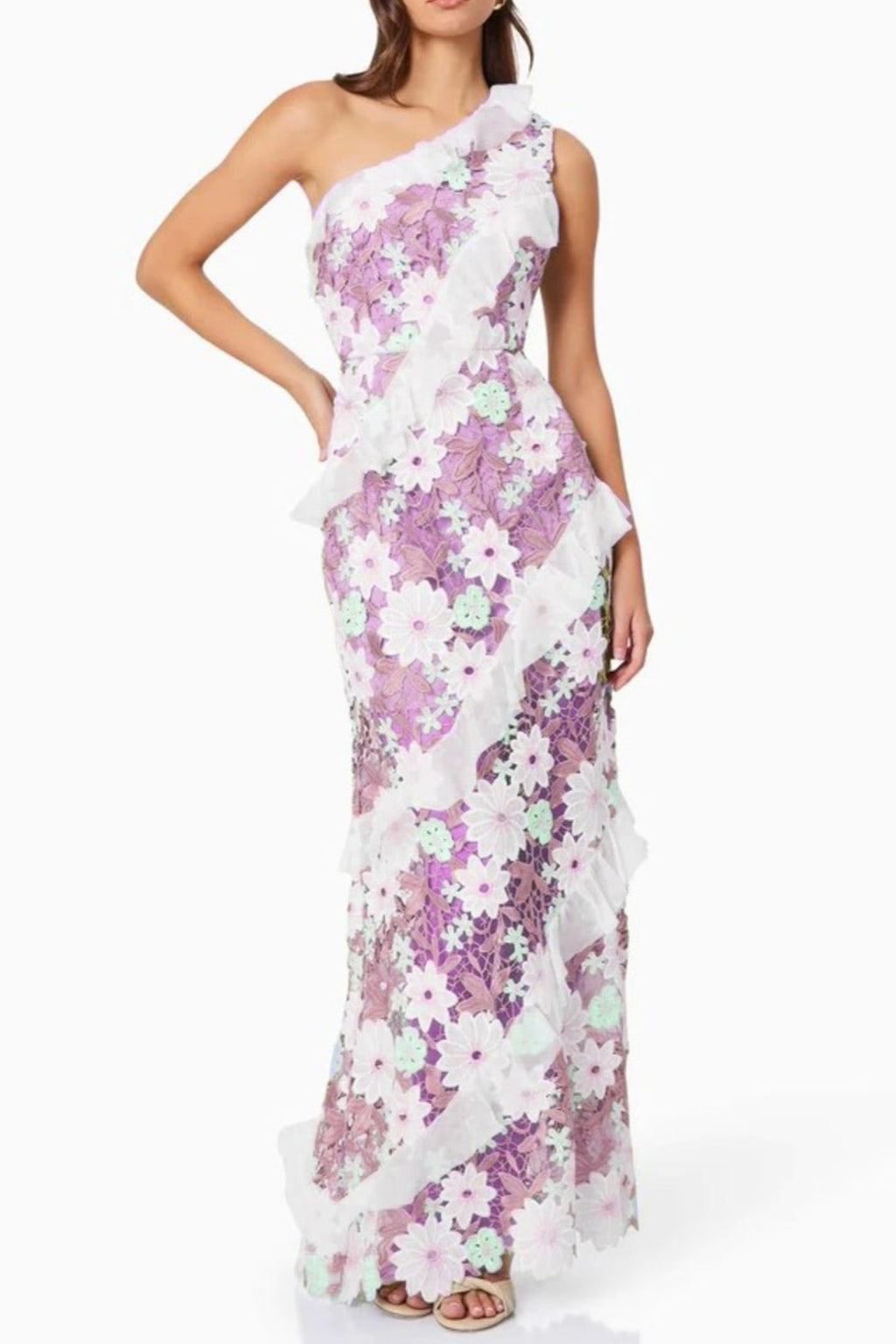Floral One Shoulder Lace Maxi Dress in Purple Avalabel