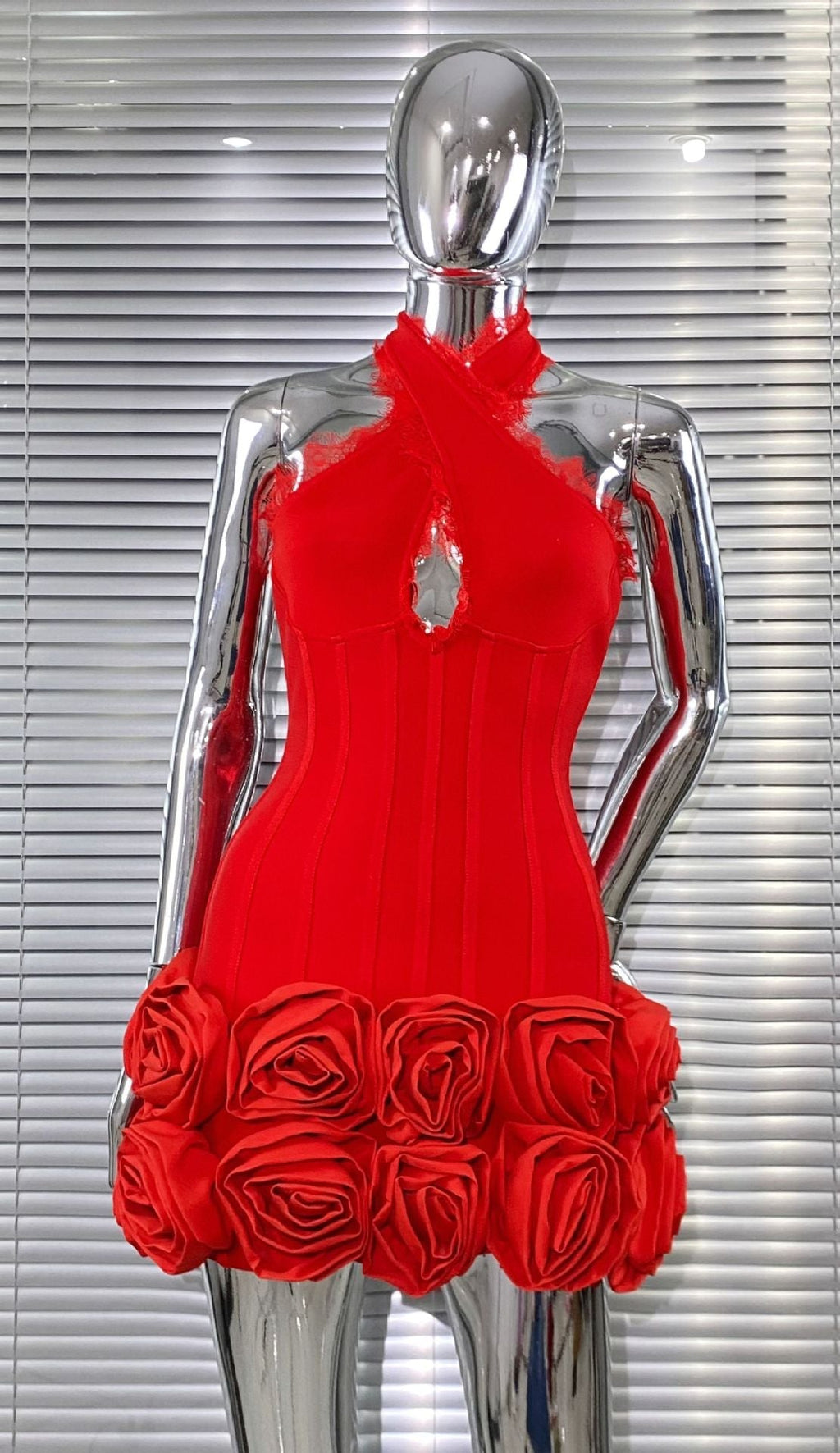 louise Halter Neck Flower Bandage Mini Dress in red Avalabel
