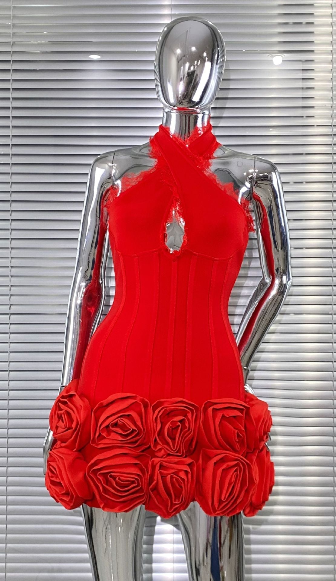louise Halter Neck Flower Bandage Mini Dress in red Avalabel