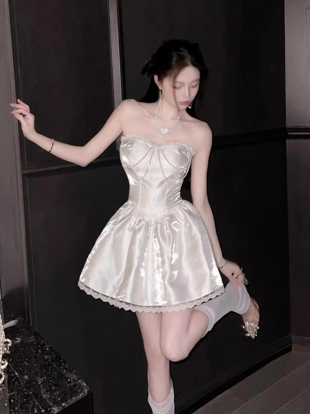 Adele White Sweetheart A-line Strapless Satin Mini Dress Avalabel