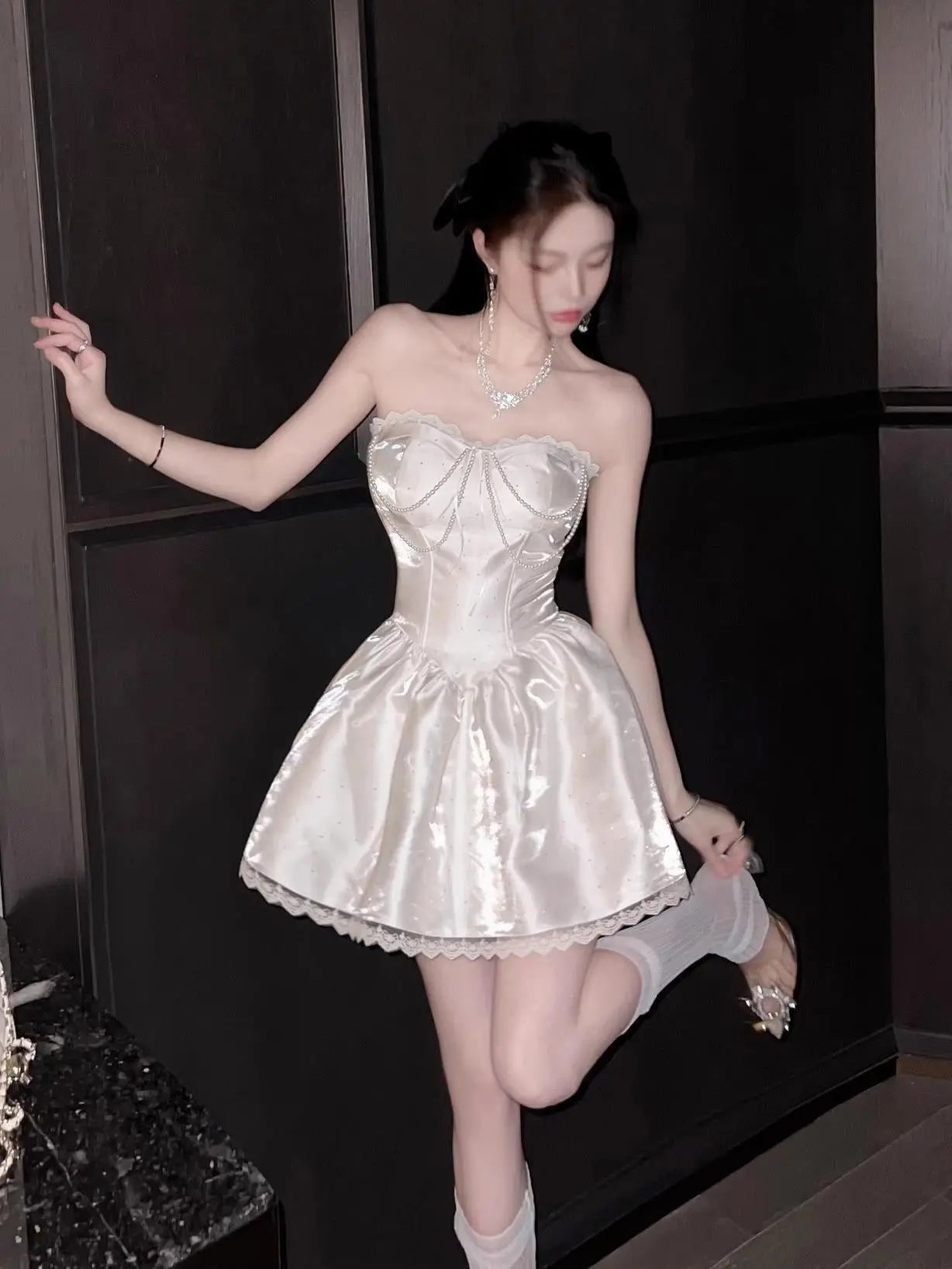 Adele White Sweetheart A-line Strapless Satin Mini Dress Avalabel
